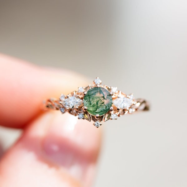 Round Lab Grown Diamond , Briar Rose Three Stone With MOSS AGATE, leaf ring, Round  Lab Grown Diamond  Ring, Gift for her