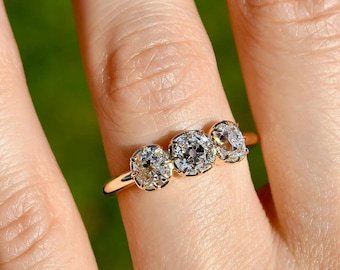 Three Stone Diamond Ring | 14K Gold Vintage Style Engagement Ring | Trilogy Moissanite Ring | Dainty Past Present Future Ring