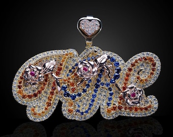 Real Moissanite Diamonds Custom Name Rose Pendant Necklace – Iced Out Personalized Jewelry for Women, Hip Hop Bling Statement Necklace Gift