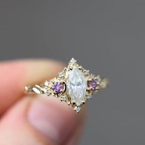 Briar rose three stone ring,Lab-Created Diamond, marquise leaf ring, Pink sapphire, unique engagement ring, nature ring, ethereal engagement