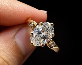 Oval Cut Diamond Engagement Ring, 14K Yellow Gold Solitaire Ring, Hidden Accent Diamond Ring, Promise Ring, Minimalist Bridal Ring, Annivers