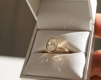 2.00 Carat, E Color, VS2 Clarity, IGI Certified Oval Cut, Lab-Created Diamond Bezel Settings Engagement Ring in 14k Yellow Gold