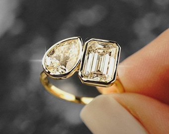 Toi et Moi Lab Grown Diamond Engagement Ring – Pear and Emerald Cut Dual Stone Ring in 14K Gold – Modern Two Stone Bypass Ring for Her