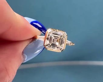 Asscher Cut IGI Lab Grown Diamond Engagement Ring, Bezel Setting Three Stone Wedding Ring, Anniversary Gift for Her