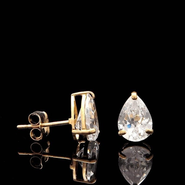 1.5ct Pear Shape Earrings Created Diamond Studs 14K Yellow Gold Heavy Basket