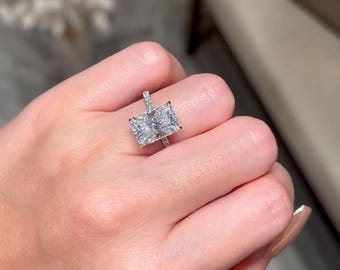 Radiant Cut Engagement Ring | Hidden Halo Lab Grown Diamond Ring | Solitaire Pave Band Ring | Modern Luxury Bridal Jewelry Gift for Her