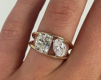 Toi et Moi Engagement Ring Cushion & Pear Cut Diamond Ring in 14K Yellow Gold, Two Stone Bridal Ring, Anniversary Gift