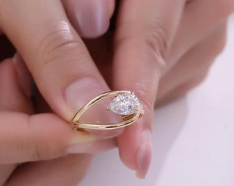 Pear Shape Diamond Ring, Open Teardrop Ring, Minimalist Gold Ring, Unique Promise Ring, Pear Cut Engagement Ring, Dainty Stacking Ring