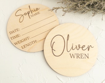 Baby Name Sign for Hospital, Birth Stats Sign, Custom Wood Newborn Welcome Baby, 5” Round Wood