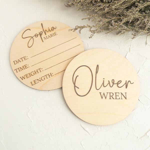 Baby Name Sign for Hospital, Birth Stats Sign, Custom Wood Newborn Welcome Baby, 5” Round Wood
