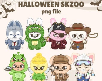 Pode incluir: Ilustração digital com oito personagens de desenhos animados fantasiados para o Halloween. Os personagens incluem um lobo de terno, um dinossauro, um pirata, um cowboy, um bebê com uma nave espacial, uma fada, um detetive e um cientista. O texto diz "HALLOWEEN SKZOO png file."