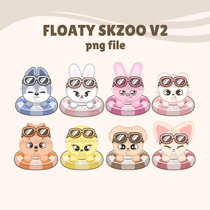 May include: A digital illustration featuring eight cartoon animal characters, each wearing sunglasses and floating in a colorful inner tube. The image includes text that reads "FLOATY SKZOO V2 png file."