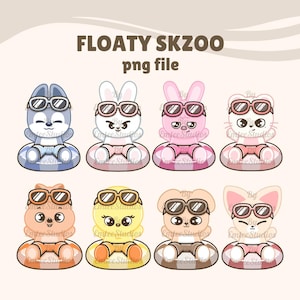 May include: A digital illustration featuring eight cartoon animal characters, each wearing sunglasses and sitting in a colorful inflatable ring. The text "FLOATY SKZOO png file" is at the top. The characters include a wolf, rabbit, cat, duck, and dog.