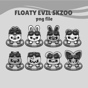 May include: A digital graphic featuring eight grayscale cartoon characters wearing sunglasses, each floating in a striped inner tube. The text FLOATY EVIL SKZOO png file is displayed at the top in a bold, dark gray sans-serif font.