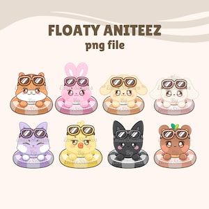 May include: A collection of cartoon animal characters, including a hamster, bunny, dog, cat, and bear, each wearing sunglasses and floating in a colorful inner tube. The image includes the text "FLOATY ANITEEZ png file".