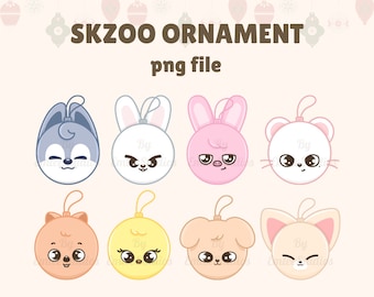 May include: Set of eight cartoon animal ornaments in various colors, including a gray wolf, white rabbit, pink pig, white cat, orange fox, yellow chick, beige dog, and a beige fox. Each ornament has a string loop for hanging.