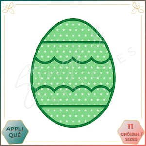 May include: Green Easter egg applique embroidery design with a white star pattern and a wavy green border. The design is available in 11 sizes.