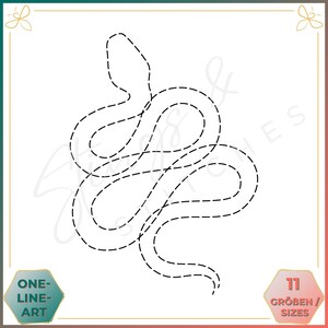 May include: A black and white line drawing of a snake, with a dashed line pattern. The image is labeled "ONE-LINE-ART" and "11 GRÖßEN / SIZES".