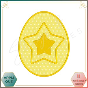 May include: A yellow Easter egg embroidery design with a yellow star in the centre. The egg is covered in a pattern of small white stars.