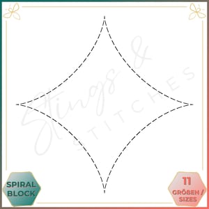 May include: A black and white line drawing of a spiral block pattern. The pattern is made up of four curved lines that intersect in the center. The pattern is labeled "Spiral Block" in the lower left corner and "11 Größen / Sizes" in the lower right corner.