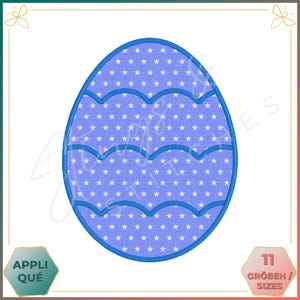 May include: Blue Easter egg embroidery design with a white star pattern. The design has a wavy border.