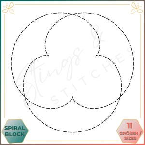 Könnte beinhalten: Eine Schwarzweiß-Linienzeichnung eines Spiralblockmusters. Das Muster besteht aus drei sich überlappenden Kreisen. Das Bild enthält den Text "Spiral Block" und "11 Größen / Sizes".