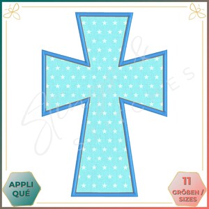 May include: A blue cross with a white star pattern. The cross is outlined in a darker blue. The image includes the text "11 Größen / Sizes".