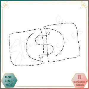 Könnte beinhalten: Eine Schwarzweiß-Linienzeichnung eines Dollarscheins mit einem Dollarzeichen darin. Das Bild besteht aus einer Reihe von gestrichelten Linien.