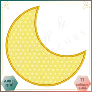 May include: A yellow crescent moon with a white star pattern. The moon is outlined in gold. The image includes the text "Appliqué" and "11 Größen / Sizes".