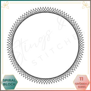 Könnte beinhalten: Ein digitales Design mit einem schwarzen, detaillierten Spiralmuster, das einen Kreis bildet. Das Design enthält den Text "Spiral Block" und "11 Größen". Der Hintergrund ist weiß mit einem Farbverlauf.