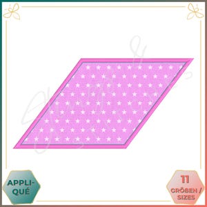 Könnte beinhalten: Rosa rautenförmige Applikation mit einem weißen Sternenmuster. Die Applikation hat einen rosa Umriss.