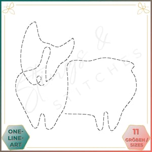 Könnte beinhalten: Eine Schwarzweiß-Linienzeichnung einer Kuh mit einer gestrichelten Linienumrandung. Das Bild ist mit "One-Line Art" und "11 Größen/Sizes" beschriftet.