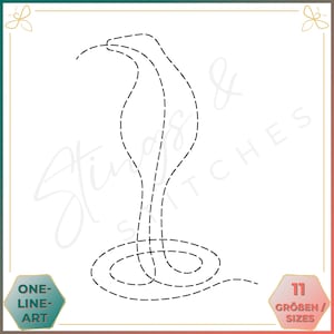 Könnte beinhalten: Eine Schwarzweiß-Linienzeichnung einer Schlange mit einer gepunkteten Linienumrandung. Die Schlange ist zu einem Kreis zusammengerollt, mit erhobenem Kopf. Das Bild ist mit "One-Line Art" und "11 Größen/Sizes" beschriftet.