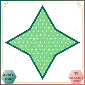 Könnte beinhalten: Eine grüne sternförmige Applikation mit einem weißen Sternenmuster. Die Applikation hat einen dunkelgrünen Umriss. Der Text "APPLIQUÉ" befindet sich in einem weißen Kasten mit einem dunkelgrünen Umriss. Der Text "11 GRÖßEN / SIZES" befindet sich in einem weißen Kasten mit einem dunkelgrünen Umriss.