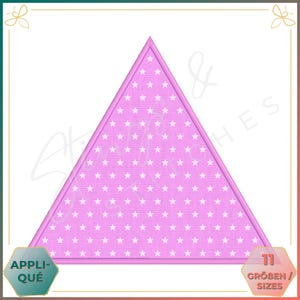 Könnte beinhalten: Pinkfarbenes, dreieckiges Stickmuster mit einem weißen Sternenmuster. Das Design trägt den Titel "Appliqué" und lautet "11 Größen / Sizes".
