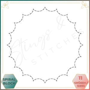 Könnte beinhalten: Ein Schwarzweißbild eines Spiralblockmusters mit 11 Größen. Das Muster ist ein Kreis mit einem gestrichelten Linienrand. Der Text "Spiral Block" befindet sich in einer sechseckigen Form unten links im Bild. Der Text "11 Größen / Sizes" befindet sich in einer sechseckigen Form unten rechts im Bild.