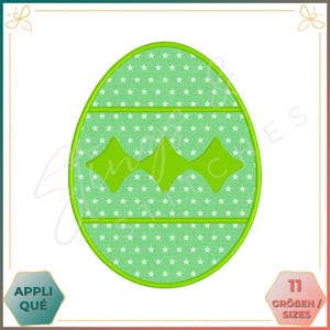 May include: Green Easter egg embroidery design with a white star pattern and three green diamond shapes. The design is available in 11 sizes.