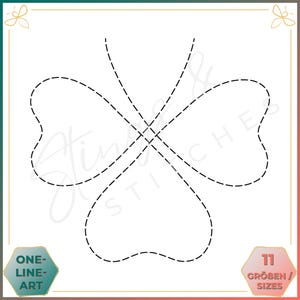 Könnte beinhalten: Eine Schwarzweiß-Linienzeichnung eines vierblättrigen Kleeblatts. Das Kleeblatt ist mit einer einzigen durchgehenden Linie gezeichnet. Das Bild ist mit "ONE-LINE-ART" und "11 GRÖßEN / SIZES" beschriftet.