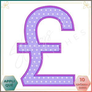 May include: Purple and white embroidered letter "£" with a white star pattern. The letter is outlined in purple. The image includes the text "10 Größen / Sizes".