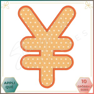 May include: An orange and white star-patterned applique design in the shape of the Japanese Yen symbol. The design has an orange border and is set against a white background. The image also includes the text "APPLIQUÉ" and "10 GRÖBEN / SIZES".