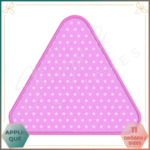 May include: Pink triangle-shaped patch with a white star pattern and a pink border. The text "APPLIQUÉ" is in the lower left corner and "11 GRÖßEN / SIZES" is in the lower right corner.