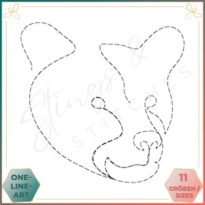 May include: A black and white line drawing of a bear's head. The drawing is made up of a single continuous line. The image is labeled "One-Line Art" and "11 Größen / Sizes".