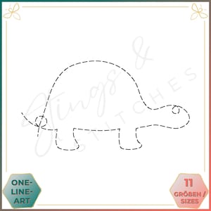 May include: A black and white line drawing of a turtle. The turtle is outlined with a dashed line. The image is labelled "One-Line Art" and "11 Größen / Sizes".