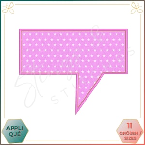 Op de afbeelding: Roze spraakballon met een wit sterrenpatroon en een gouden omtrek. De spraakballon is rechthoekig met een puntig uiteinde.