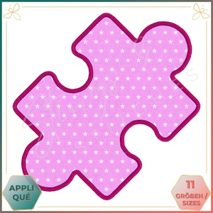 May include: Pink puzzle piece with a white star pattern and a dark pink outline. The text "APPLIQUÉ" is in a green box and the text "11 GRÖßEN / SIZES" is in a light gray box.