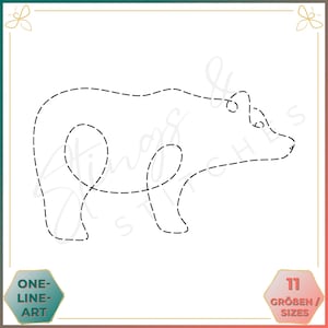 Könnte beinhalten: Eine Schwarzweiß-Linienzeichnung eines Bären, die mit einer gestrichelten Linie umrandet ist. Das Bild ist ein einzeiliges Kunstdesign.