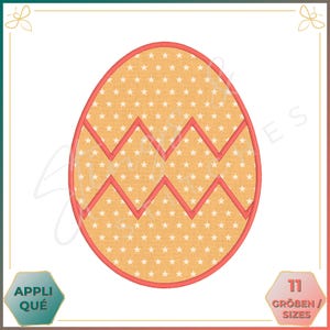 May include: A red and orange Easter egg embroidery design with a zig-zag pattern and white stars. The design is available in 11 sizes.