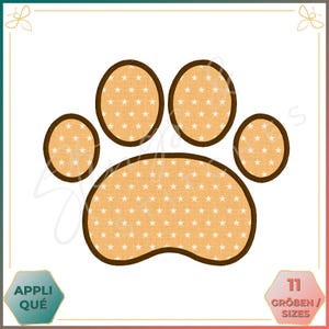 Può includere: Un'impronta di zampa marrone con un motivo a stella bianca. L'impronta di zampa è delineata in marrone e ha cinque dita.