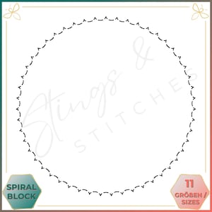 Könnte beinhalten: Ein Schwarzweißbild eines kreisförmigen Spiralblock-Designs mit dem Text "Spiral Block" und "11 Größen / Größen" in den unteren Ecken.
