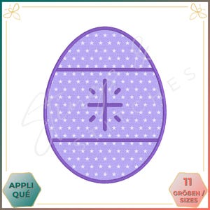 May include: Purple Easter egg embroidery design with a white star pattern and a cross in the centre. The design is divided into three sections by two purple lines.